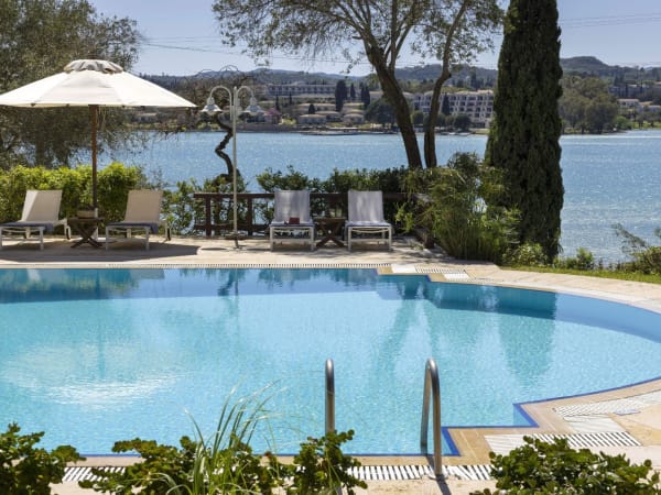 Views out over the pool to Gouvia Bay.